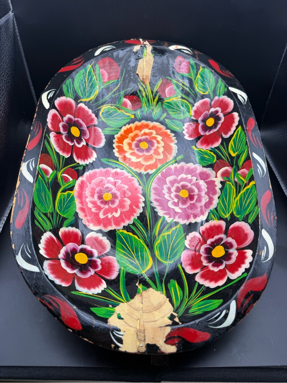 Vintage Hand Painted Floral Wooden Tray Folk Art Black Pink Flowers
